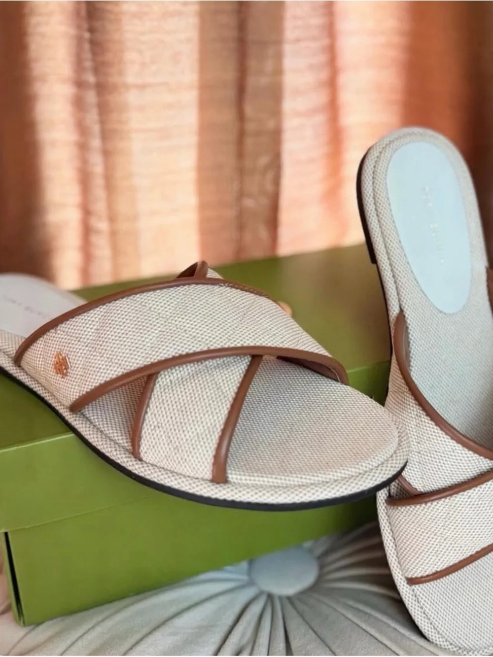 TORY BURCH Willa Criss Cross Flat Slide Sandals Natural Canvas Brown Leather